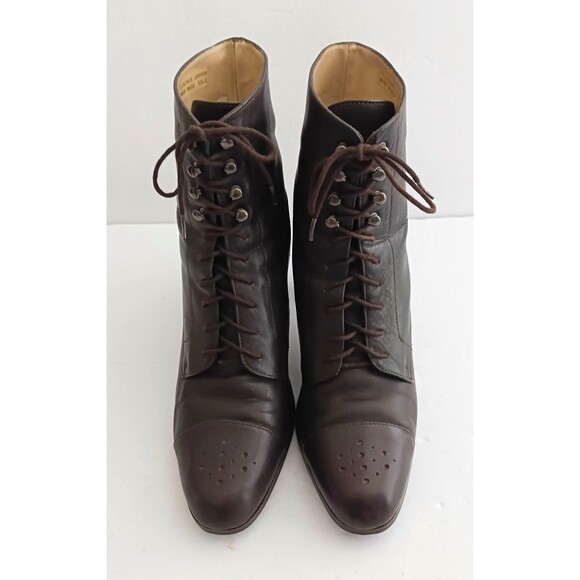 LOFT Brown Leather Lace Up Victorian Ankle Boot Cap Toe Curved Heel 7M - Picture 3 of 15